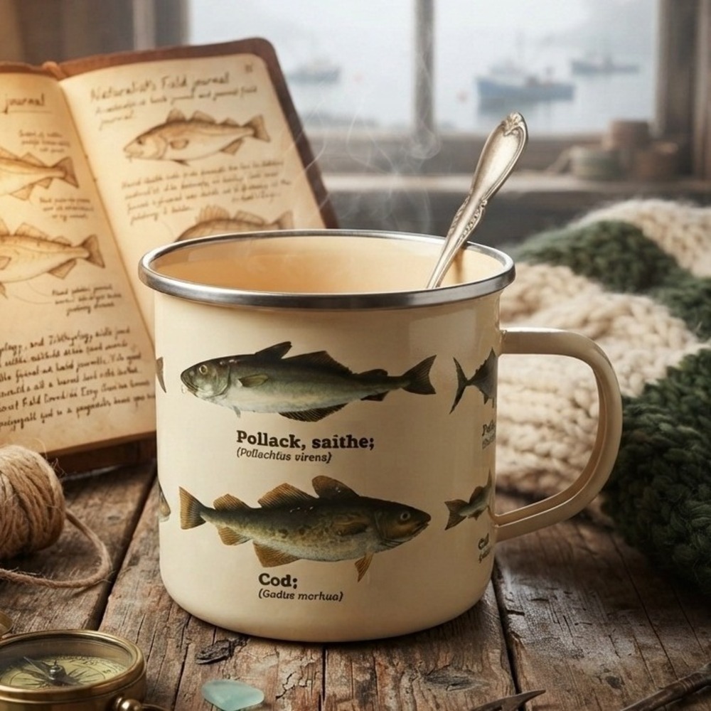 Gift Republic Enamel Fish Mug Scandinavian Fishing Year Book Cream Metal OS